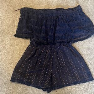 Ranna Gill Anthropologie Navy Eyelet Off-Shoulder Romper